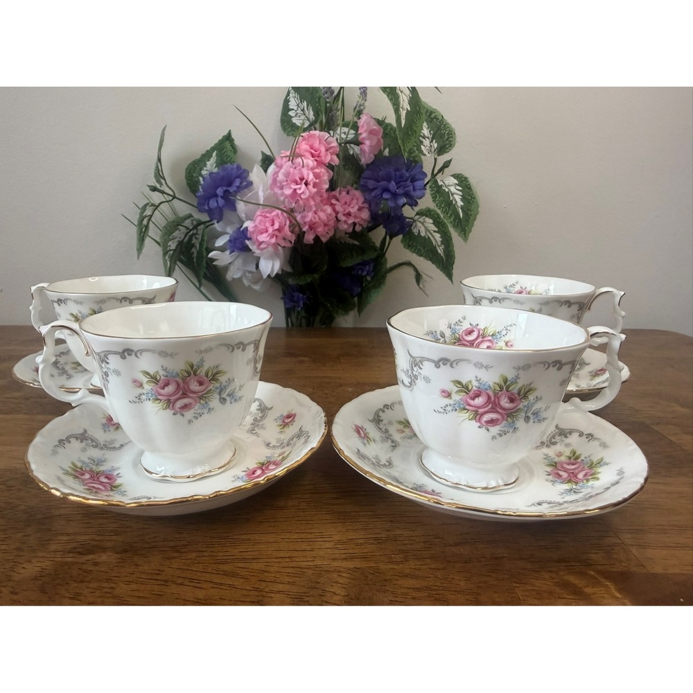 Vintage Royal Albert Tranquillity Teacups Saucers Set of 4 Bone China Gilt Trim
